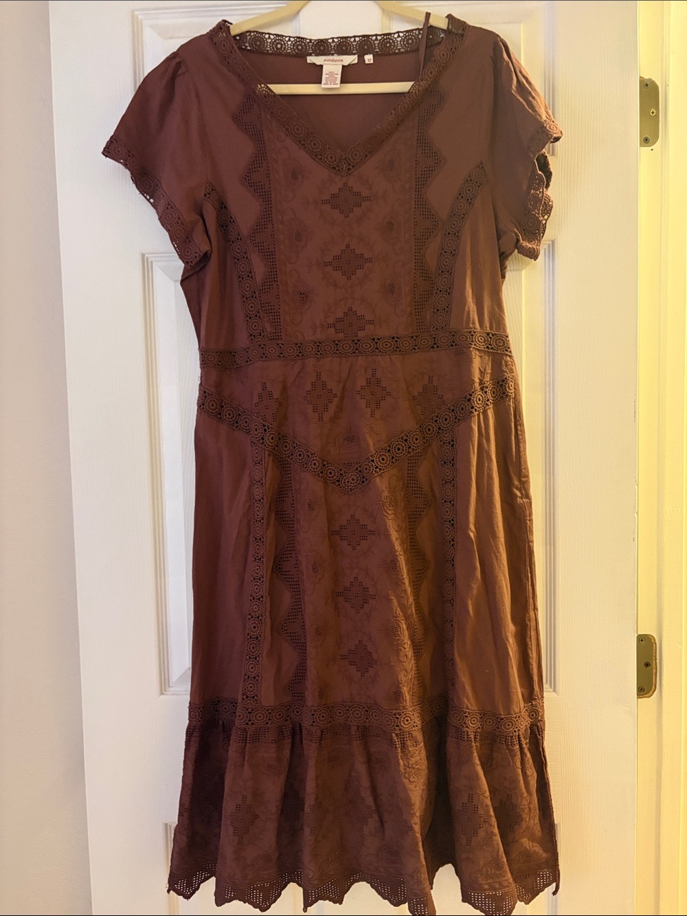 Sundance Brown Embroidered V-Neck Midi Dress